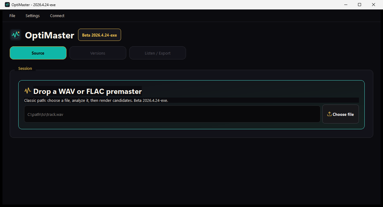 OptiMaster beta 2026.4.24 executable showing the Source tab with a WAV or FLAC file picker.